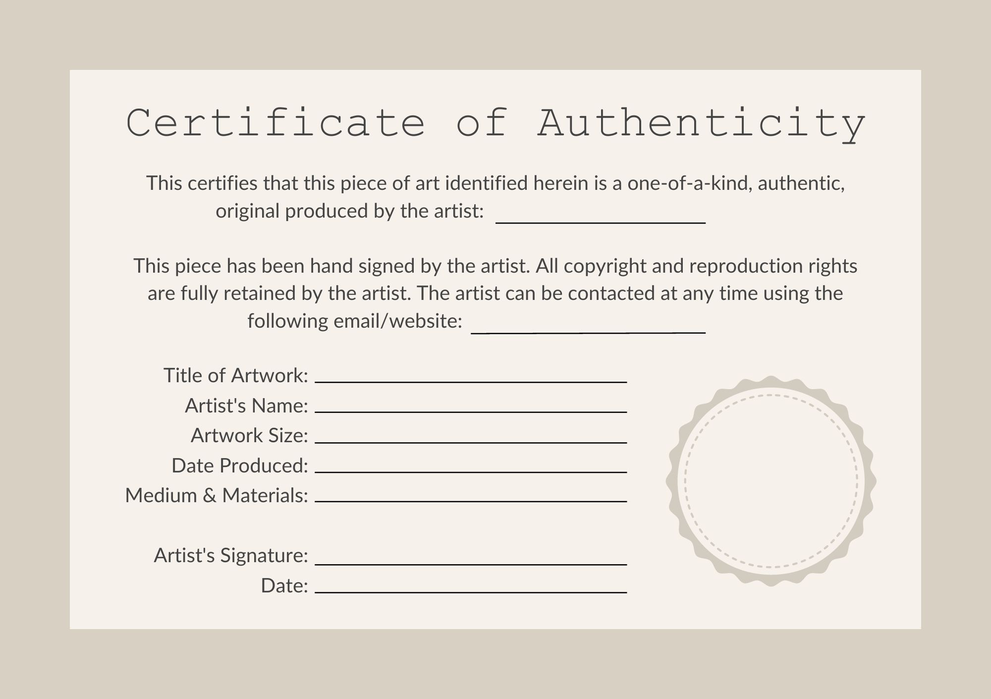 sample authenticity certificate template