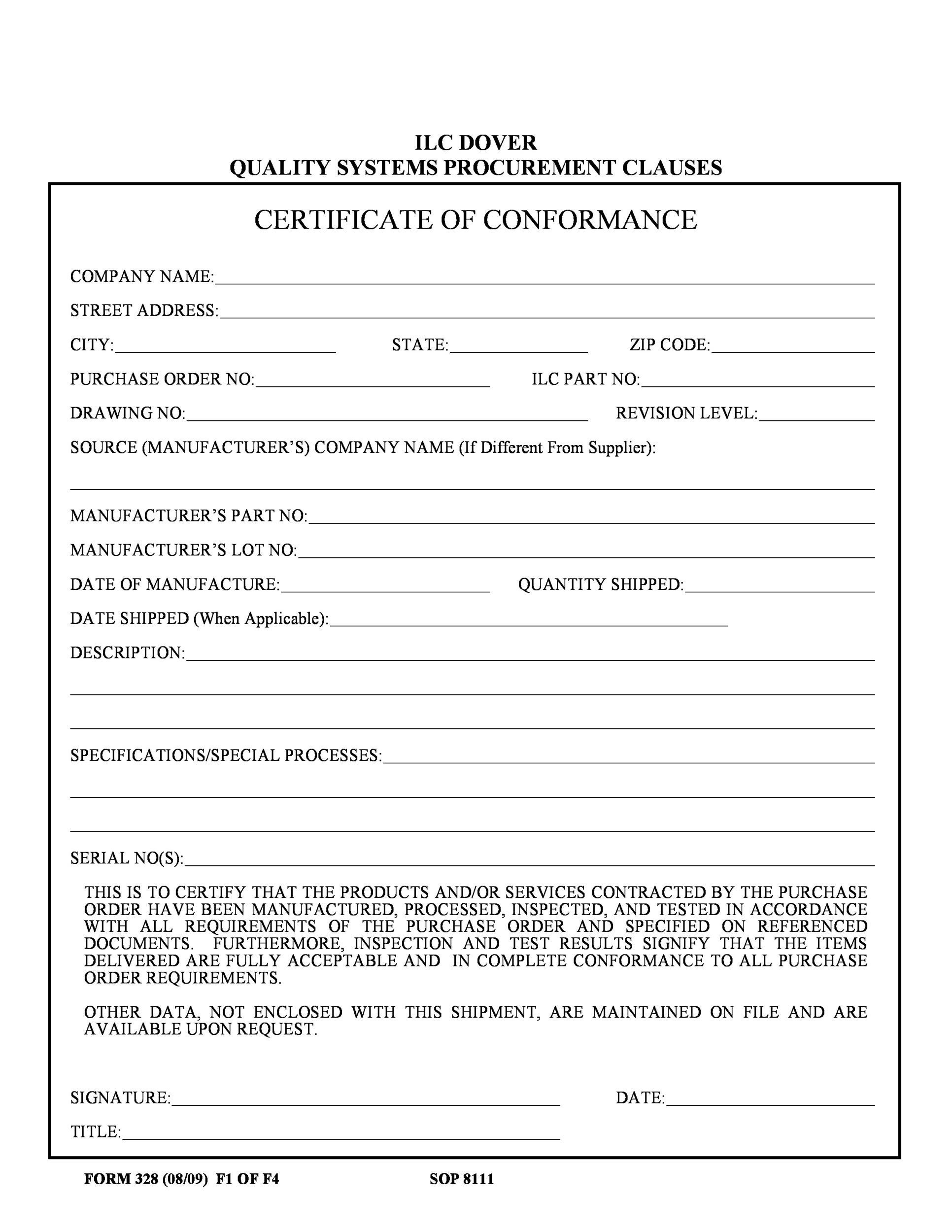 sample conformity certificate template