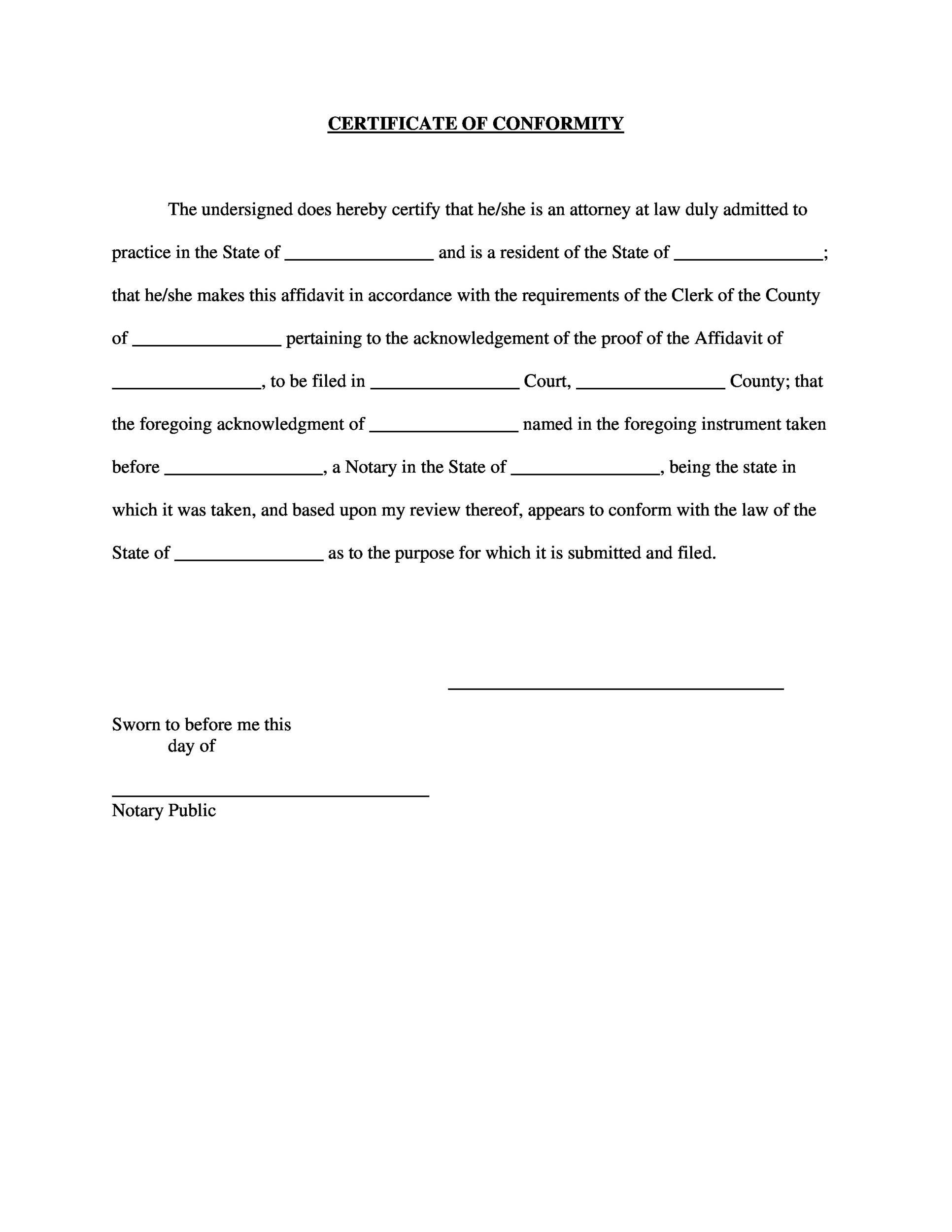 sample conformity certificate template