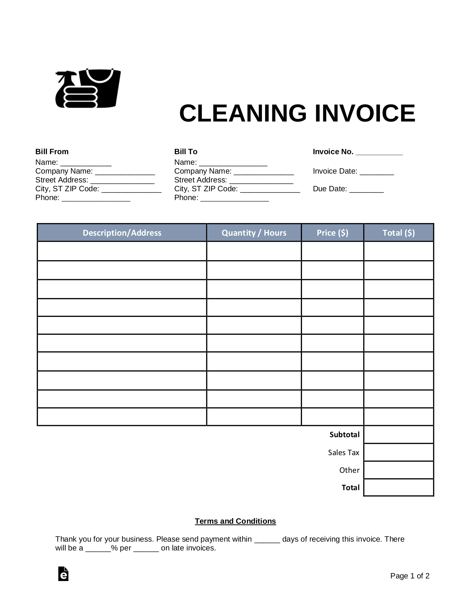 sample cleaning invoice template