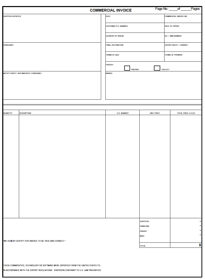 sample international shipping commercial invoice template