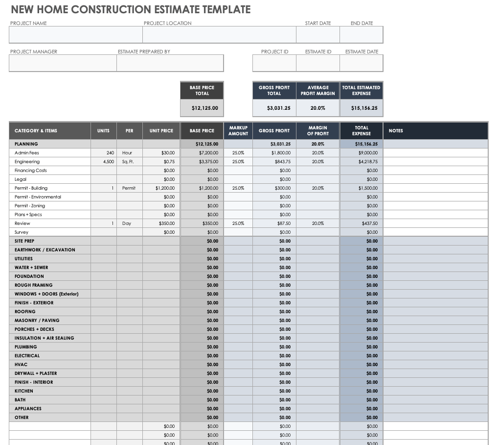 sample construction work estimate template