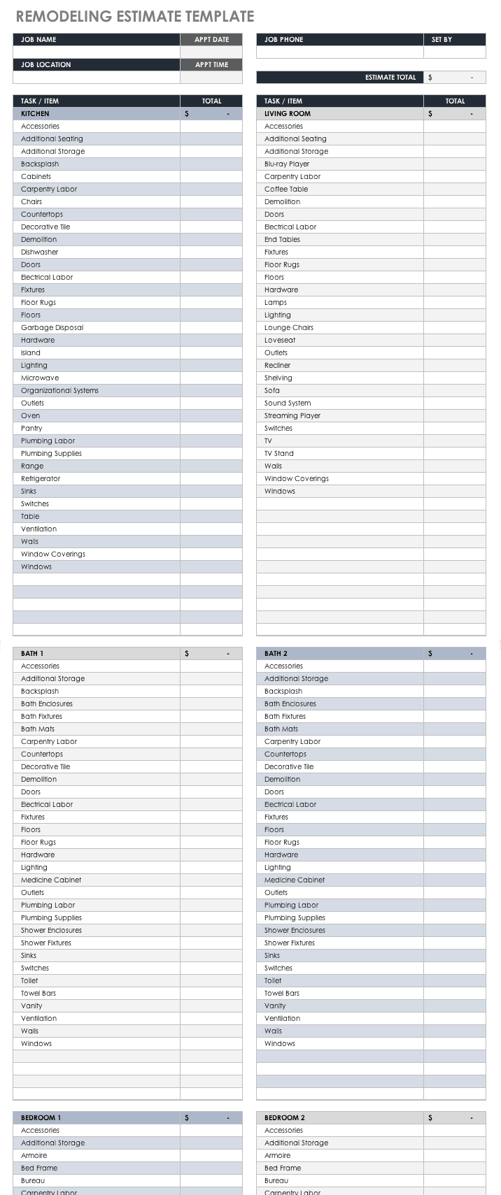 sample construction work estimate template