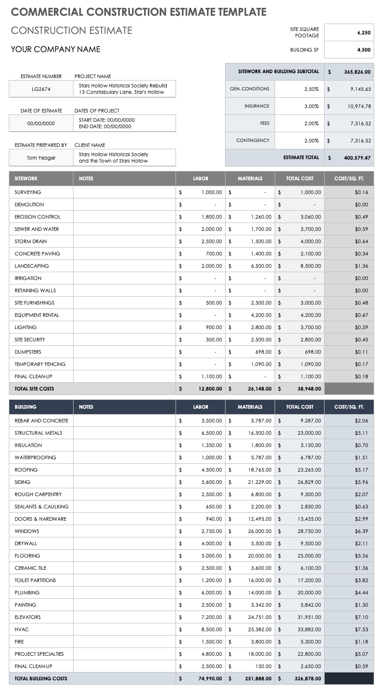 sample building estimate template