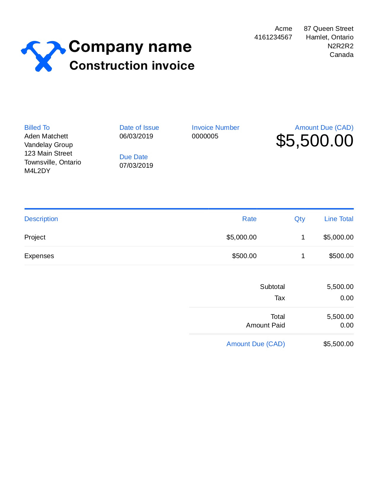 construction invoice template