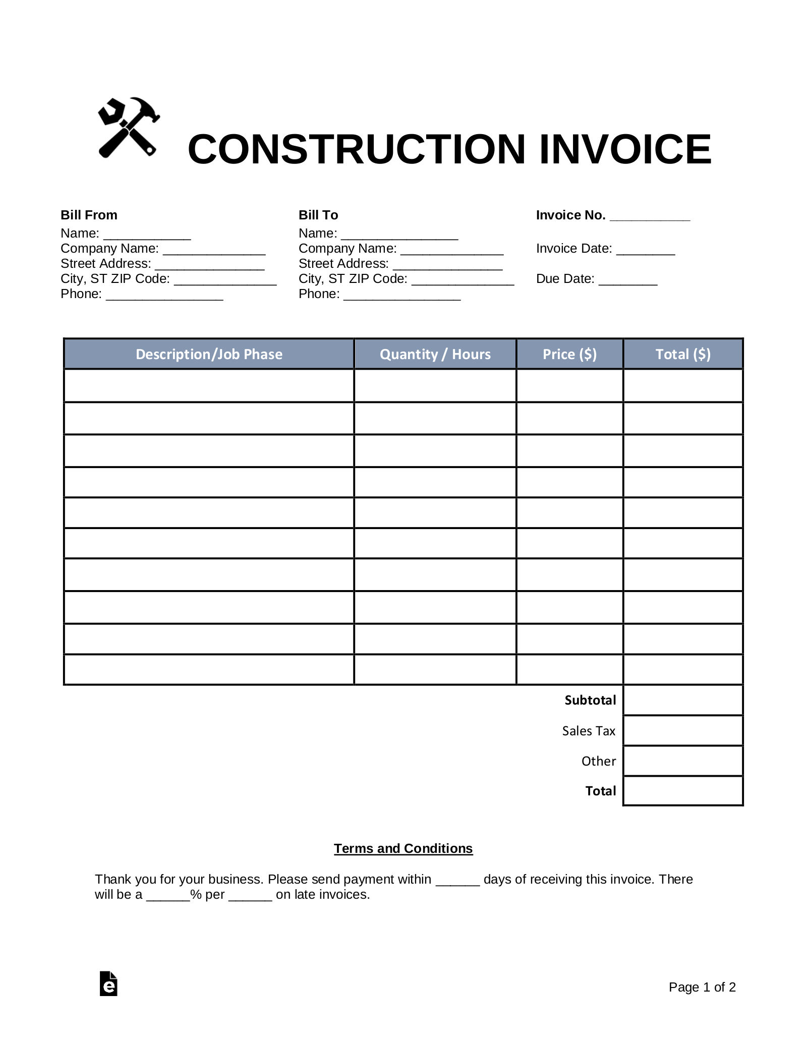 general contractor invoice template