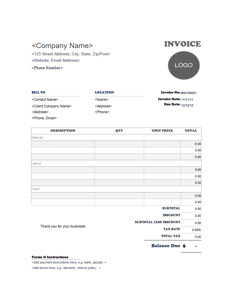 sample labor and materials invoice template