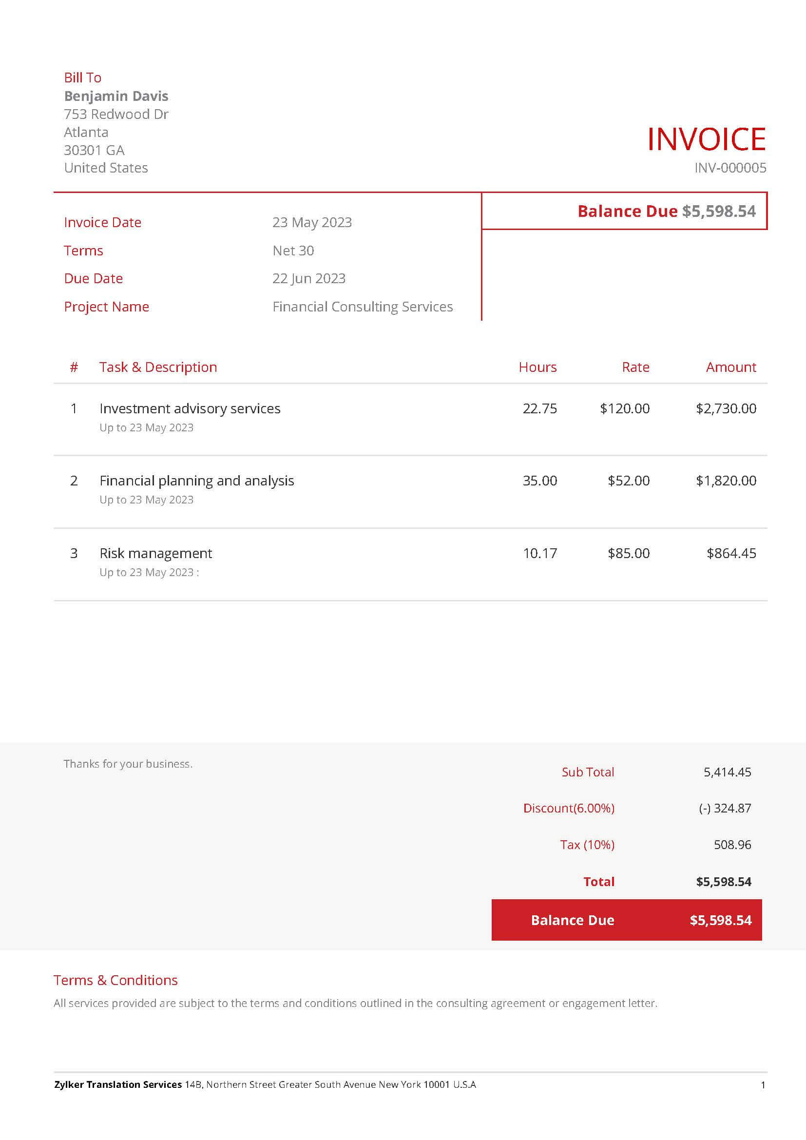 sample invoice for consultant services template