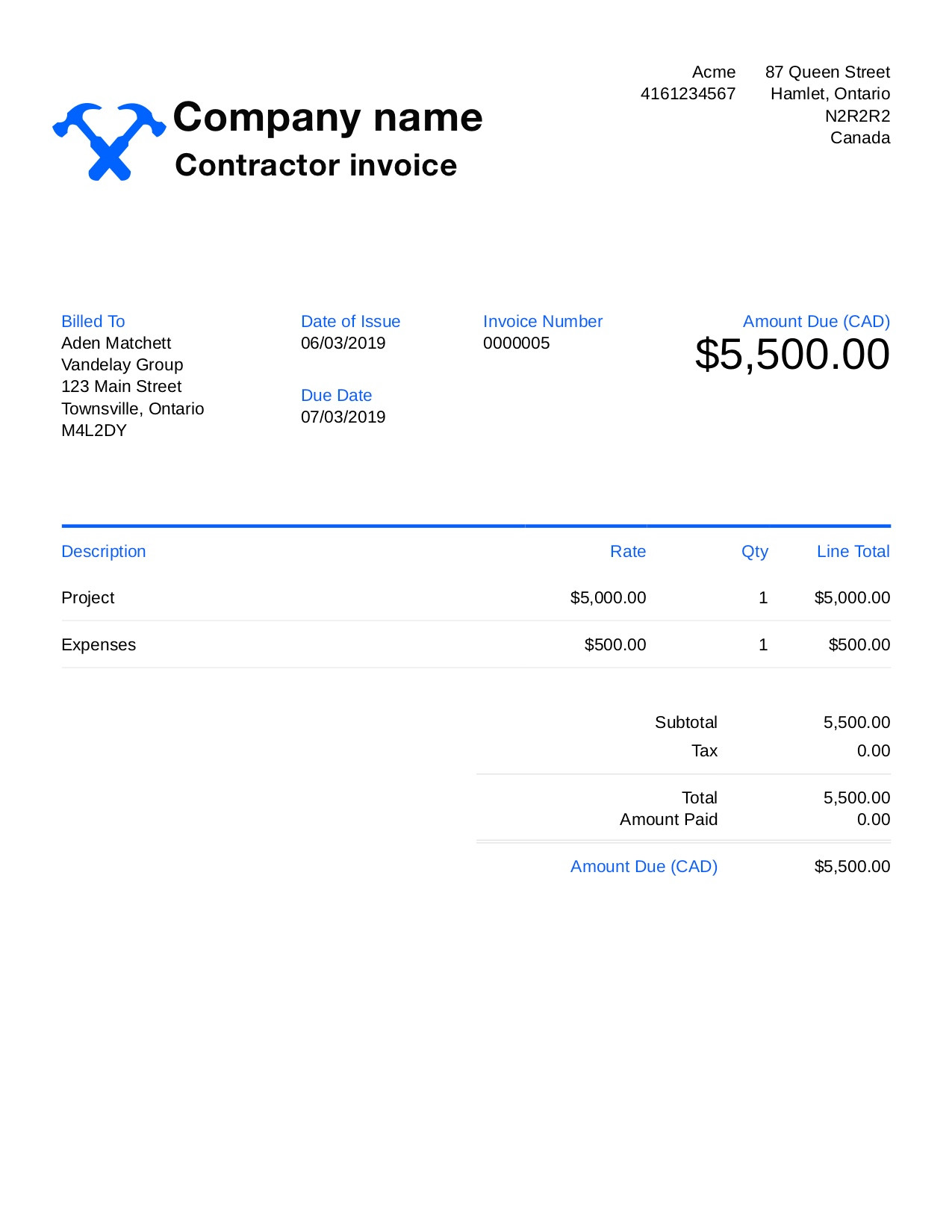 sample invoice for contractor template