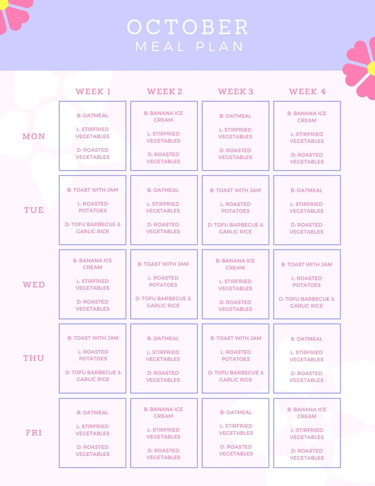 sample monthly meal planning template