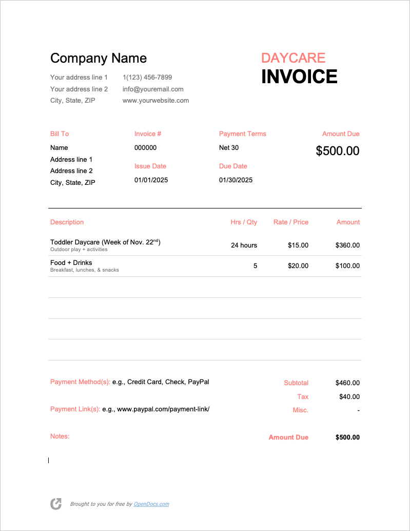 daycare invoice template