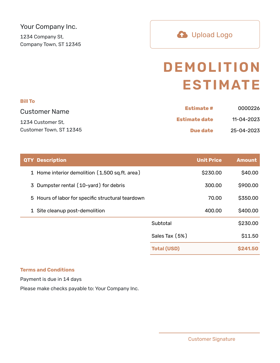 sample demolition estimate template