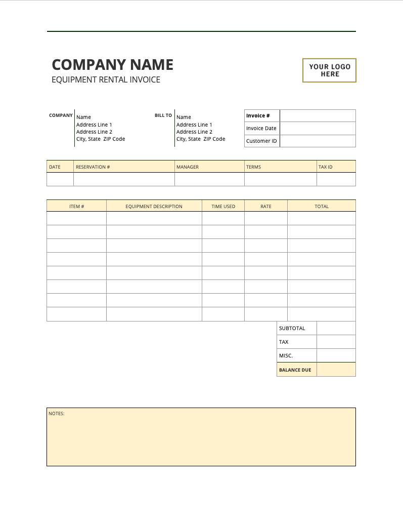 sample equipment rental invoice template