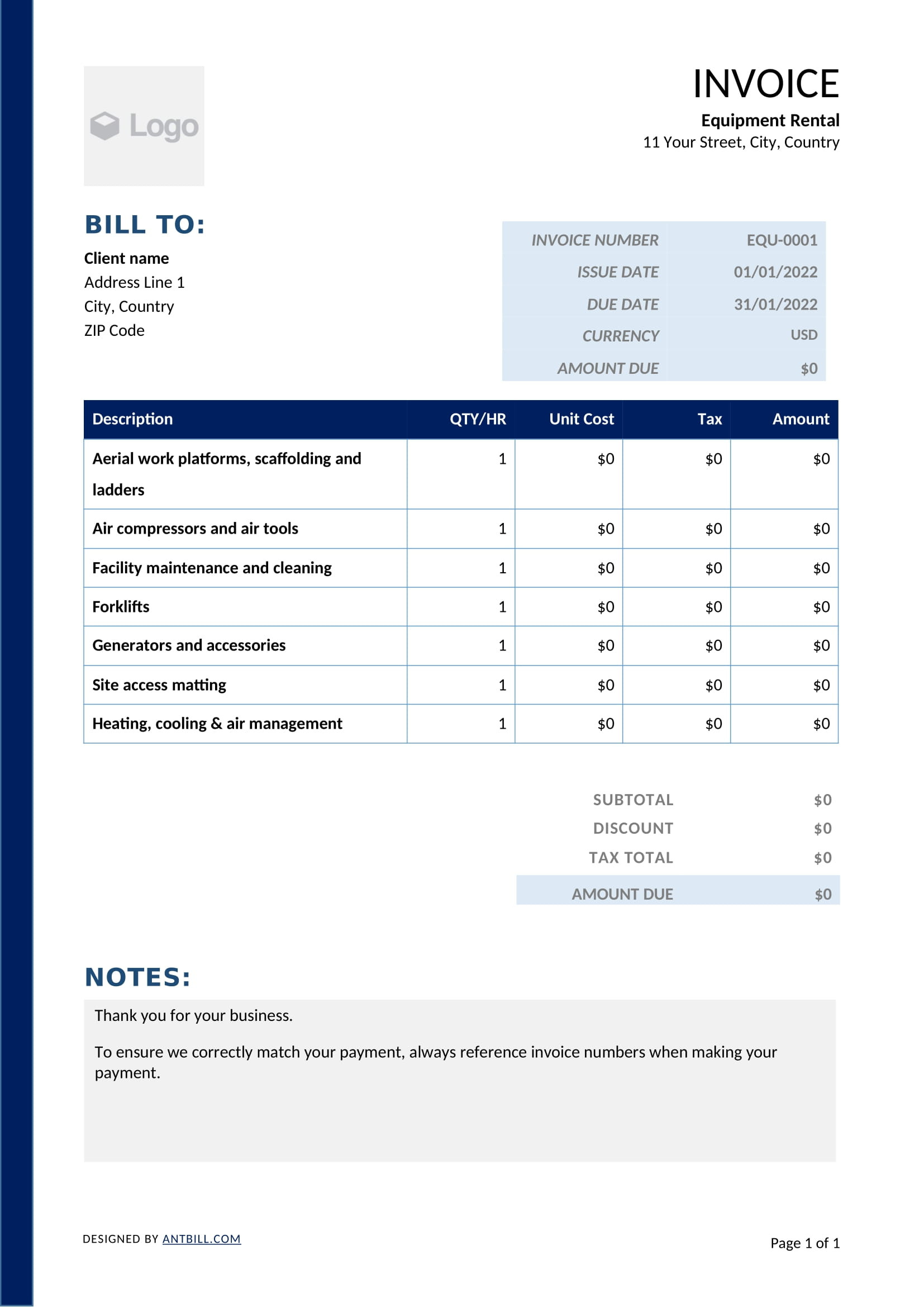 sample equipment rental invoice template