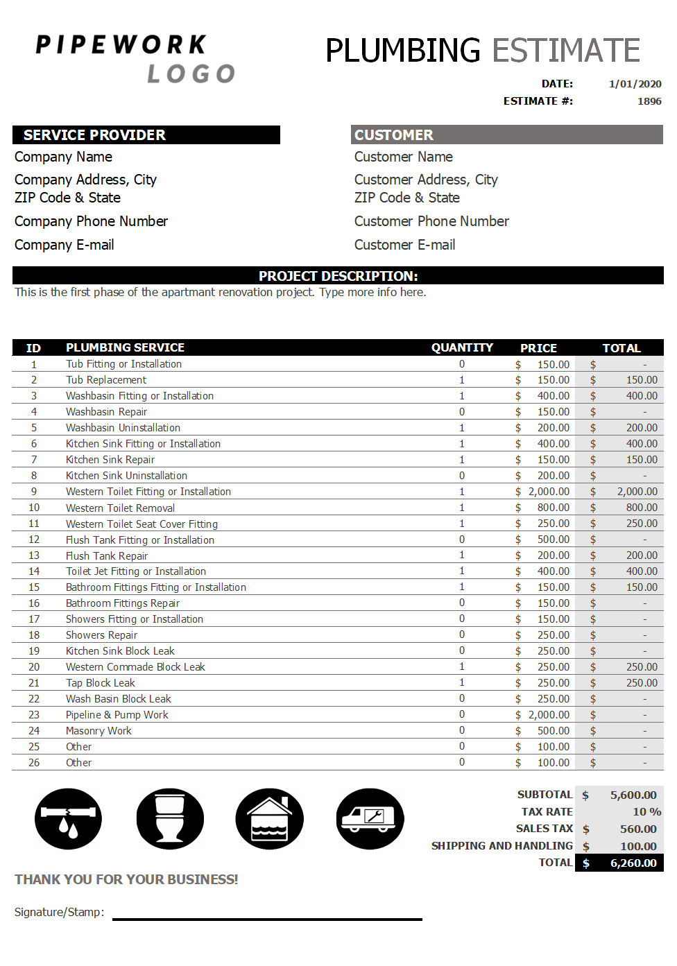 sample plumber estimate template