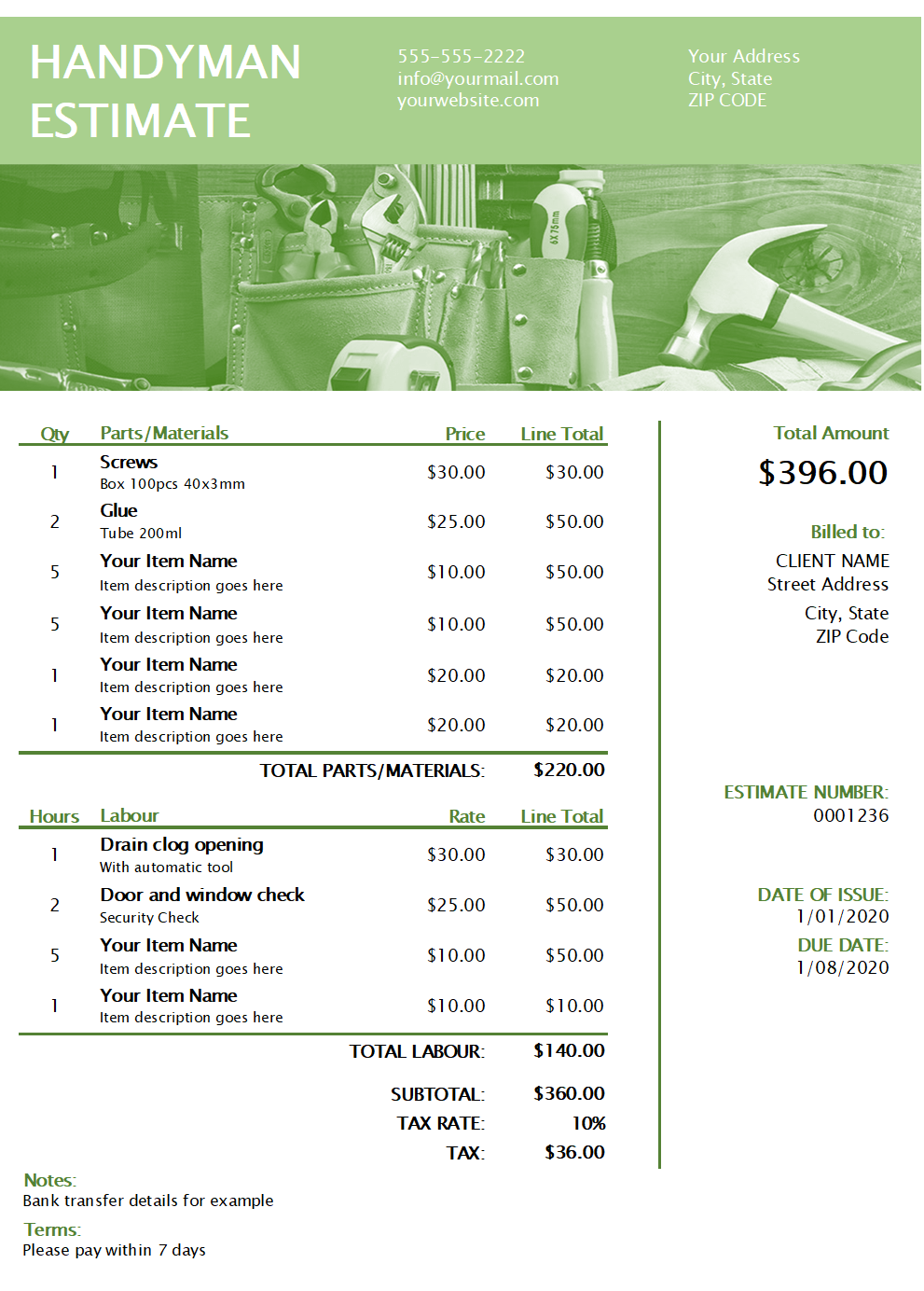 sample handyman estimate template