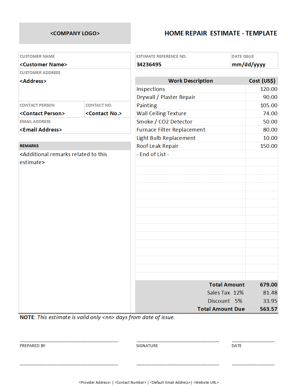 sample home repair estimate template