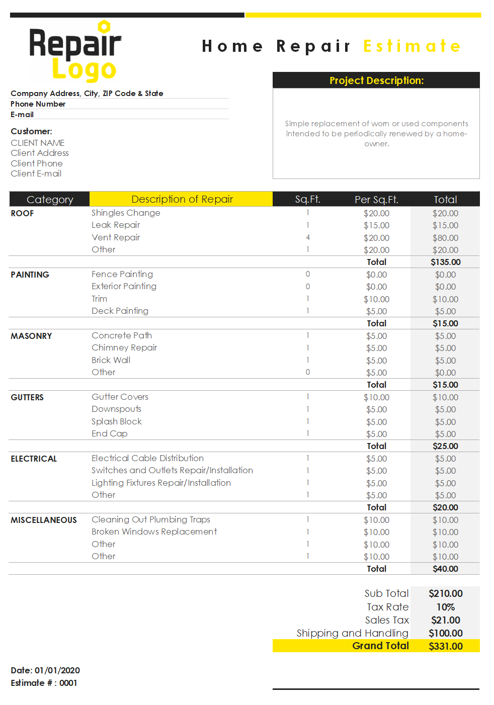 sample home repair estimate template