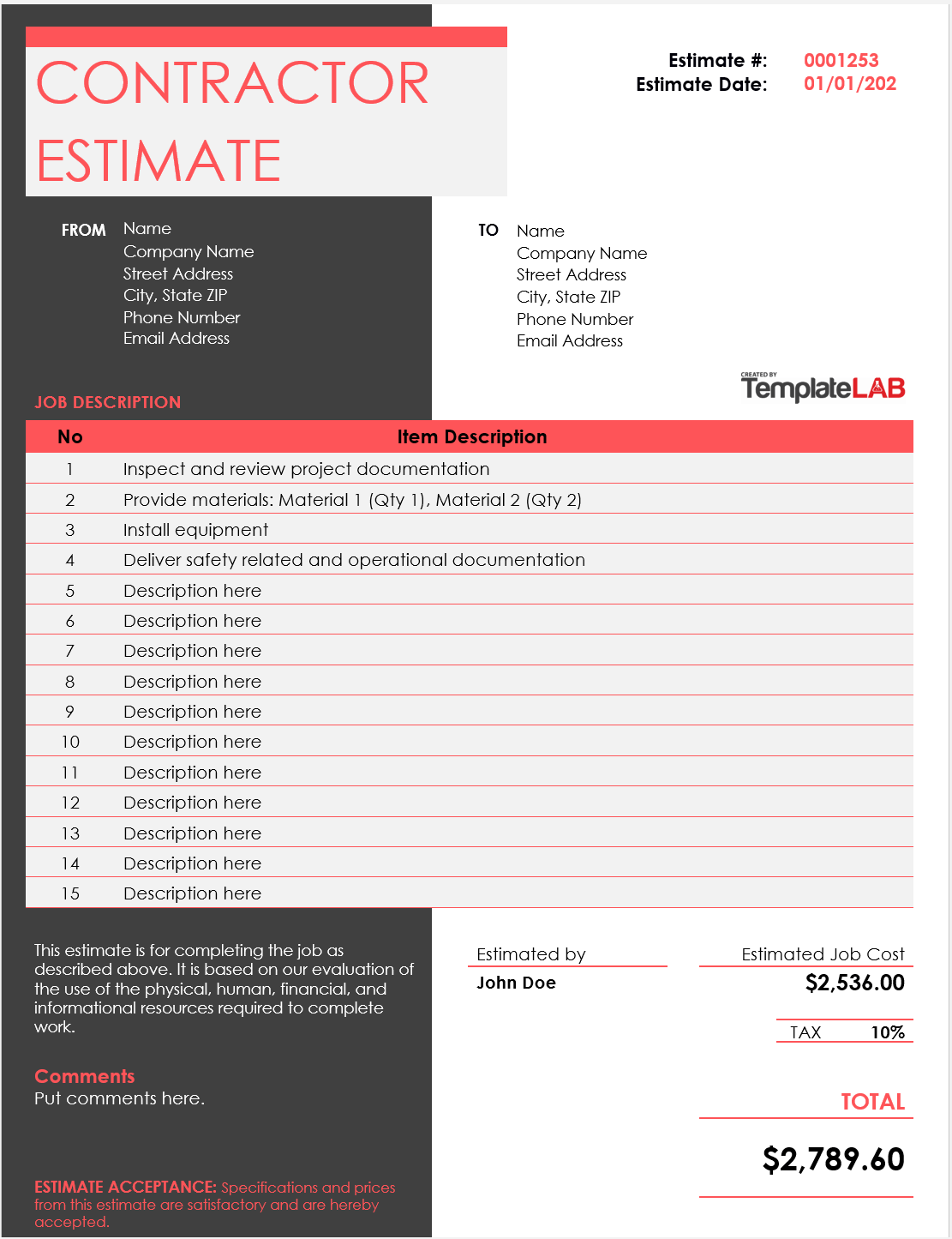 sample independent contractor estimate template