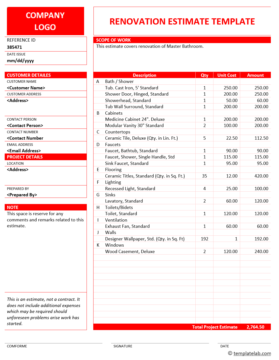 sample home renovation estimate template