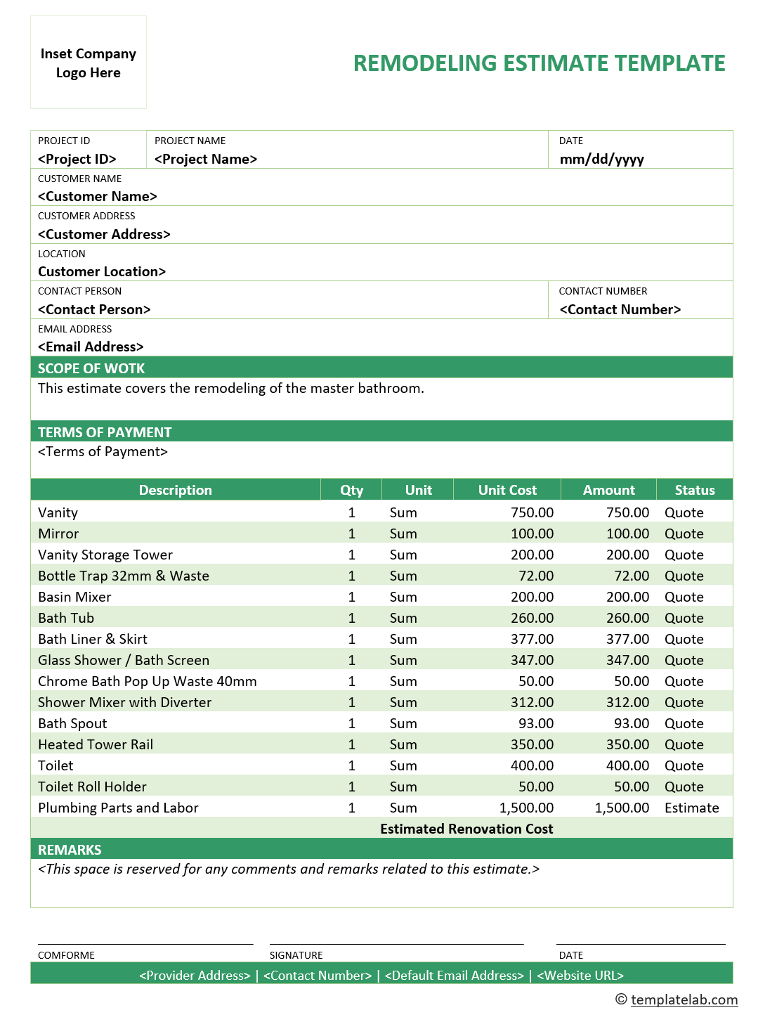 sample home renovation estimate template