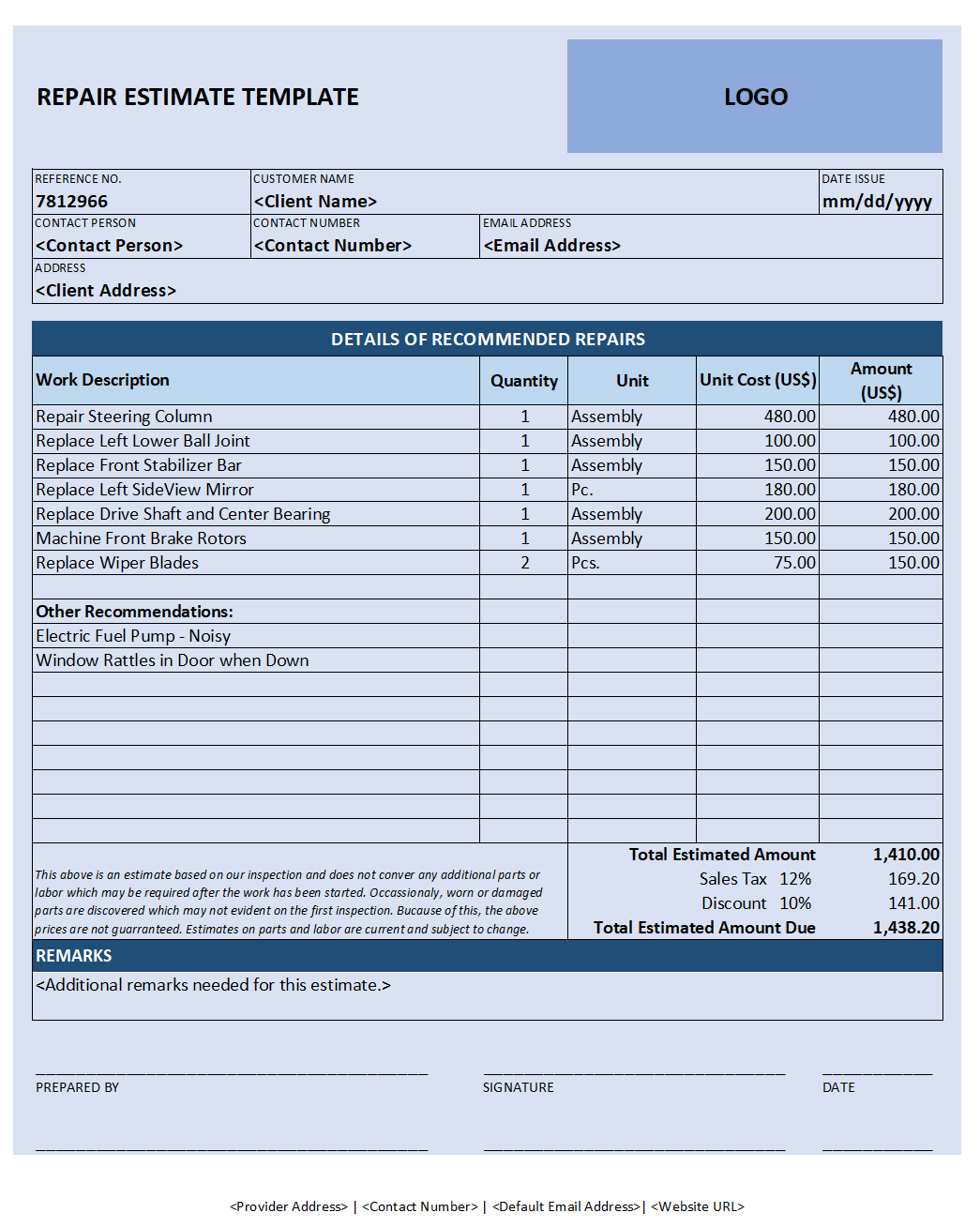 sample home repair estimate template