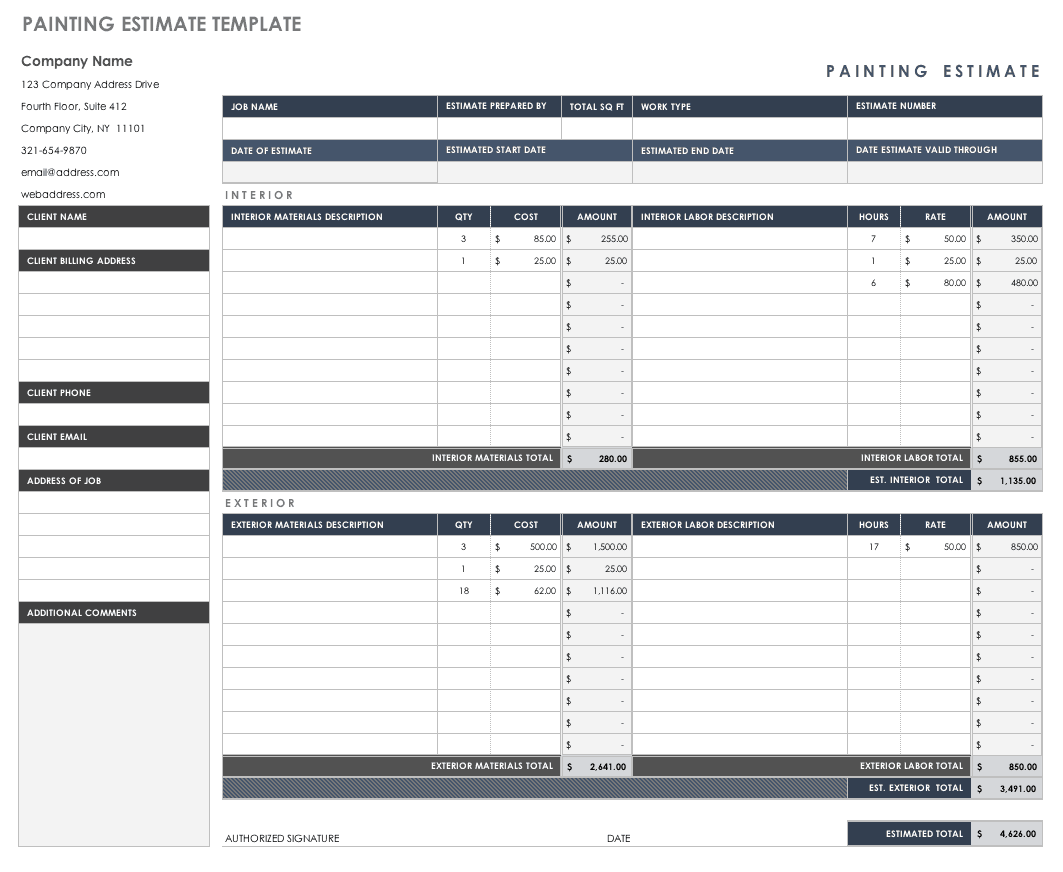 sample work estimate template