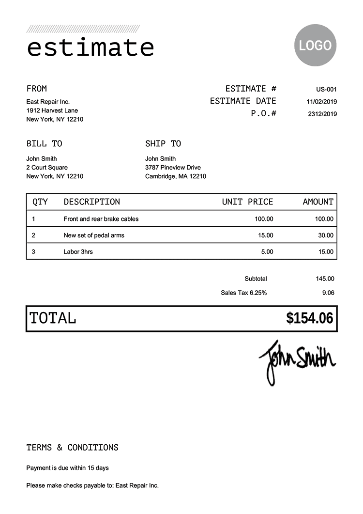 sample business estimate template