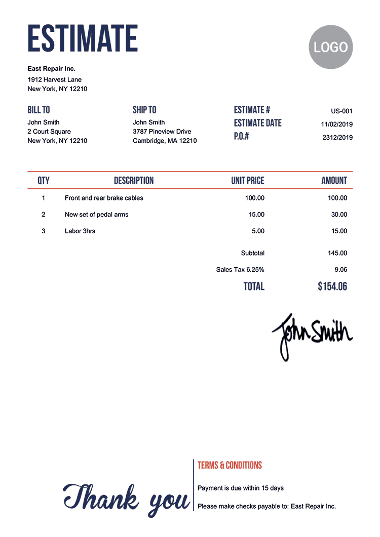 sample business estimate template