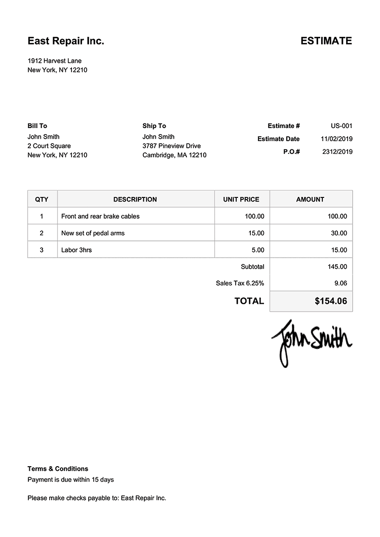 sample work estimate template