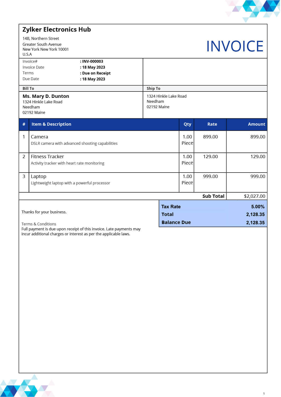 sample invoice format template