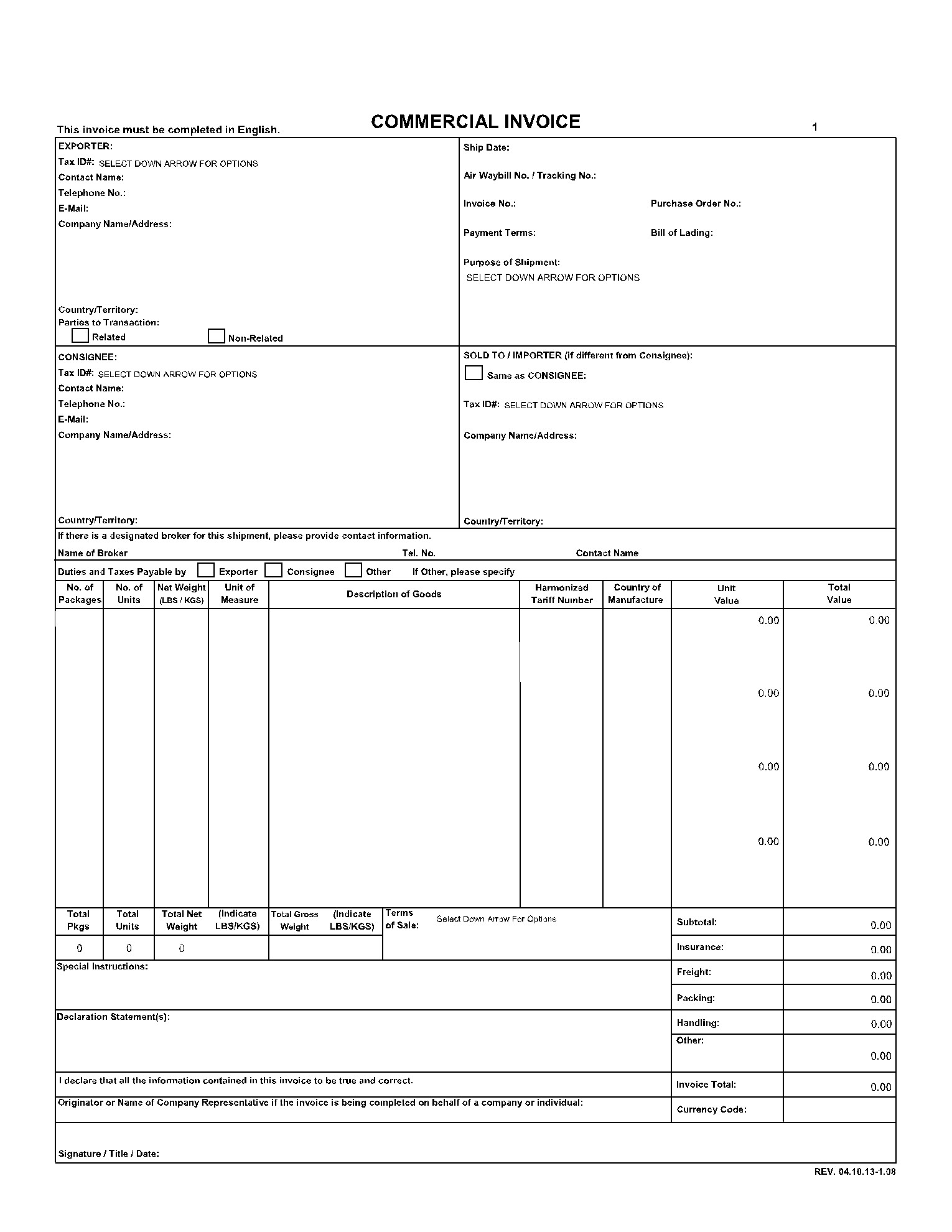 sample customs commercial invoice template