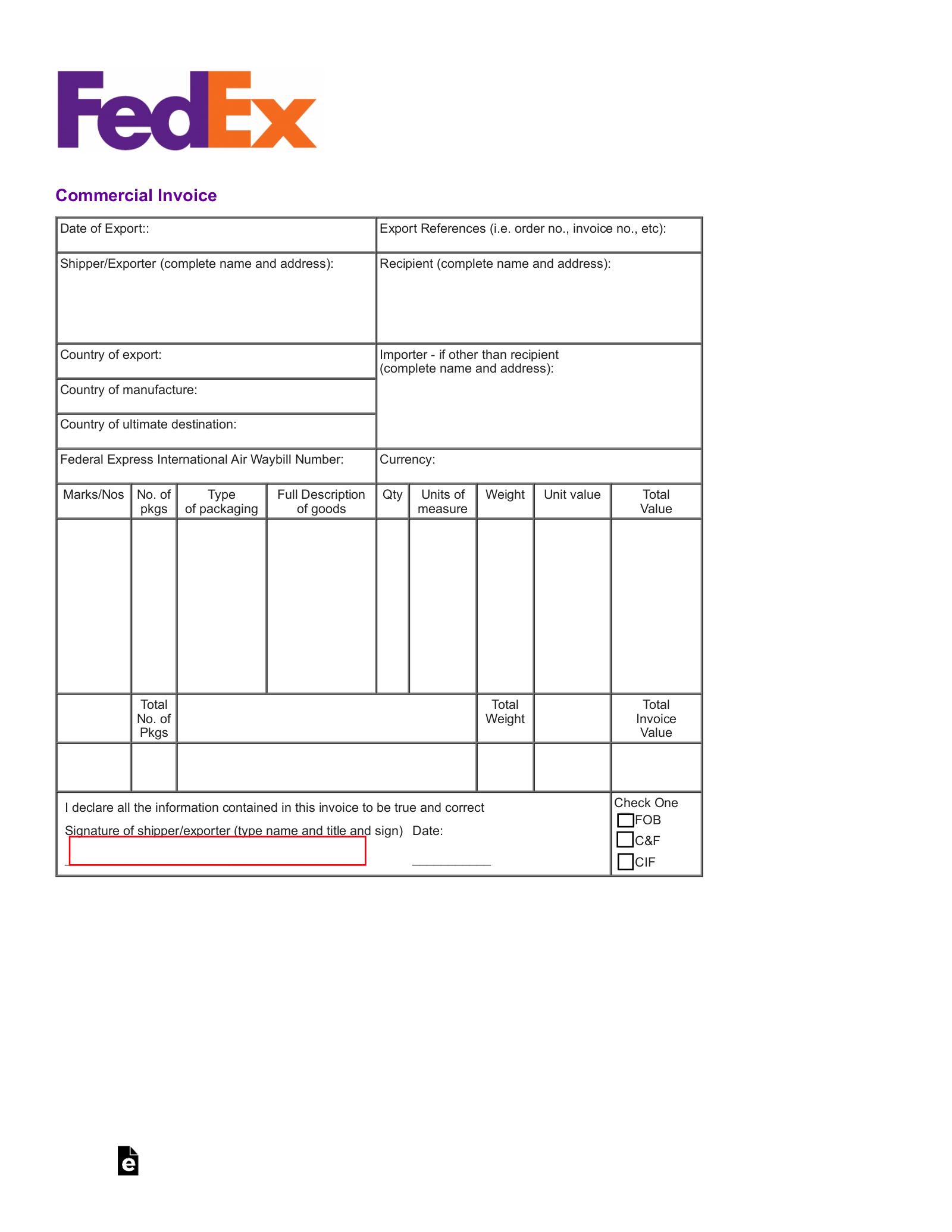 sample international shipping invoice template