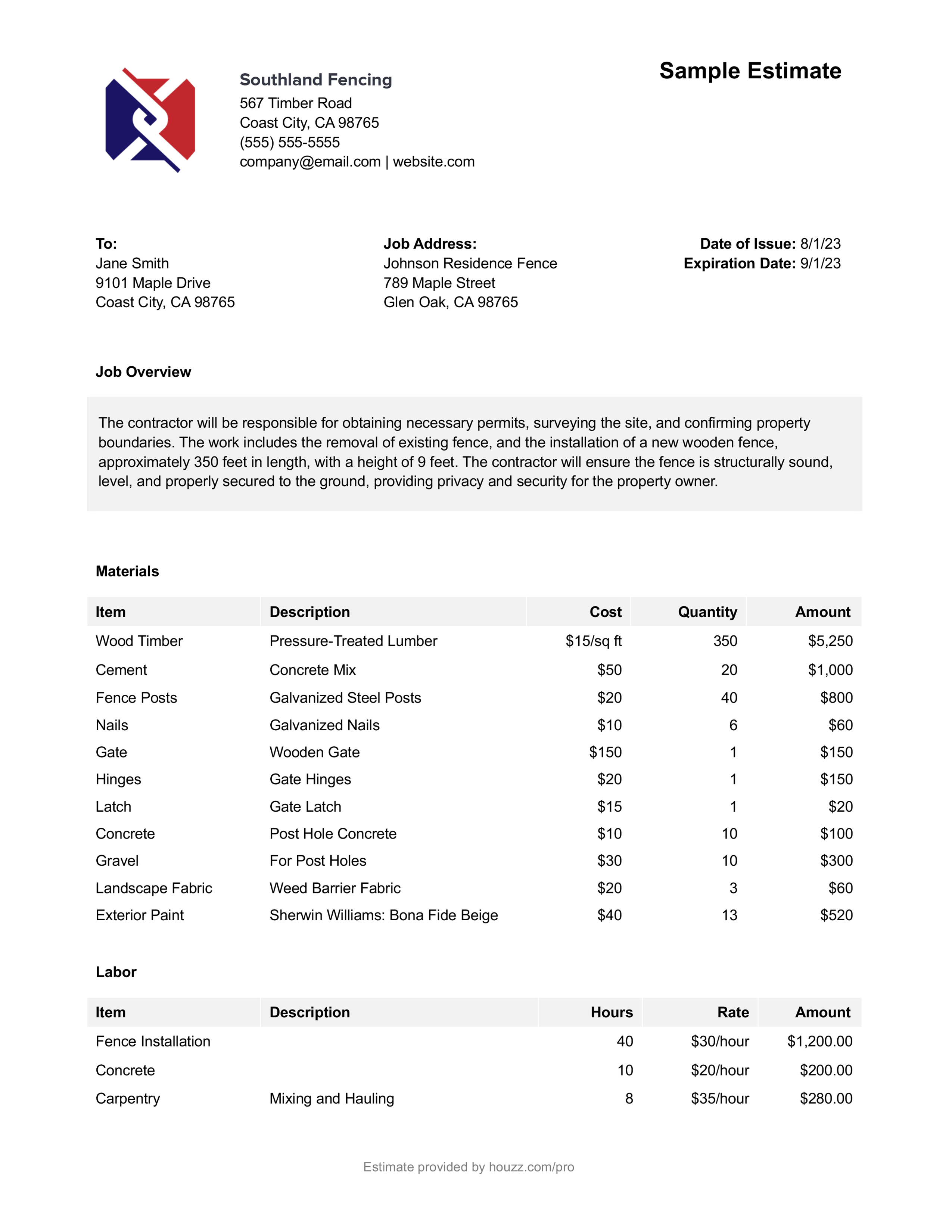 sample fence estimate template