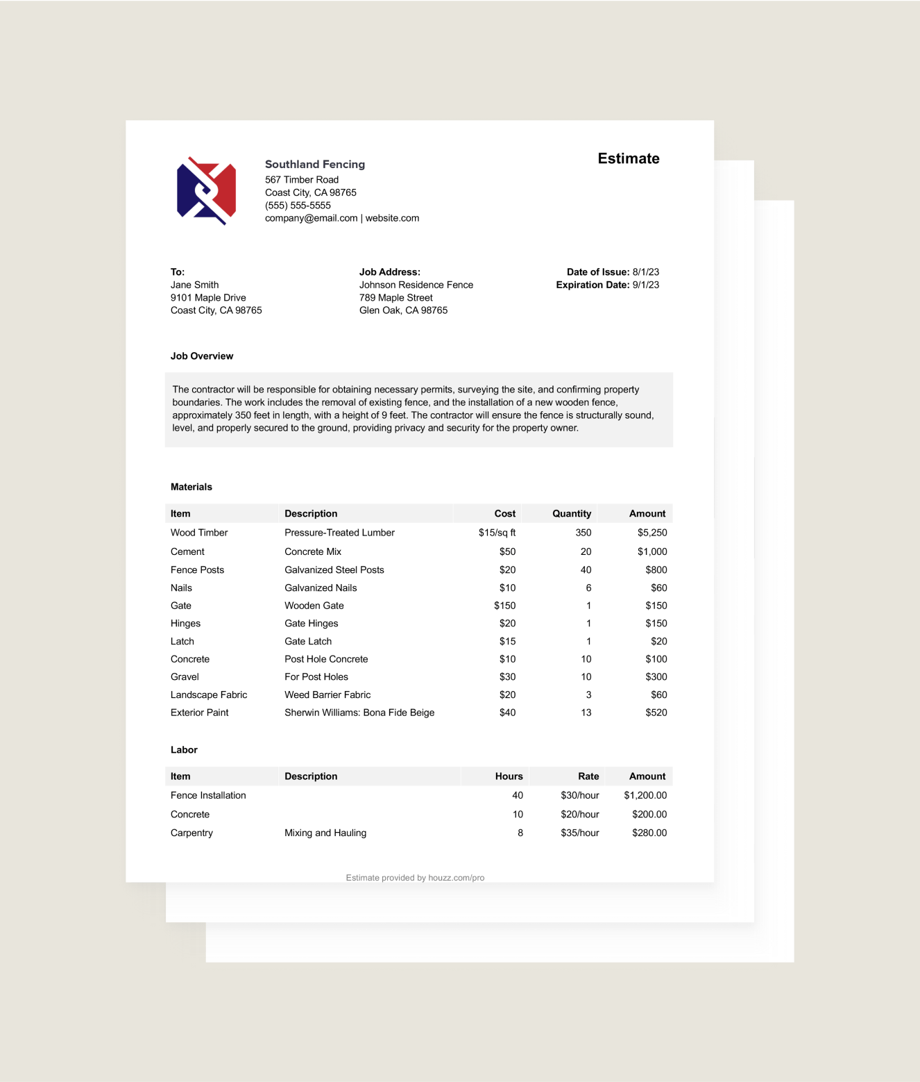 sample fence estimate template