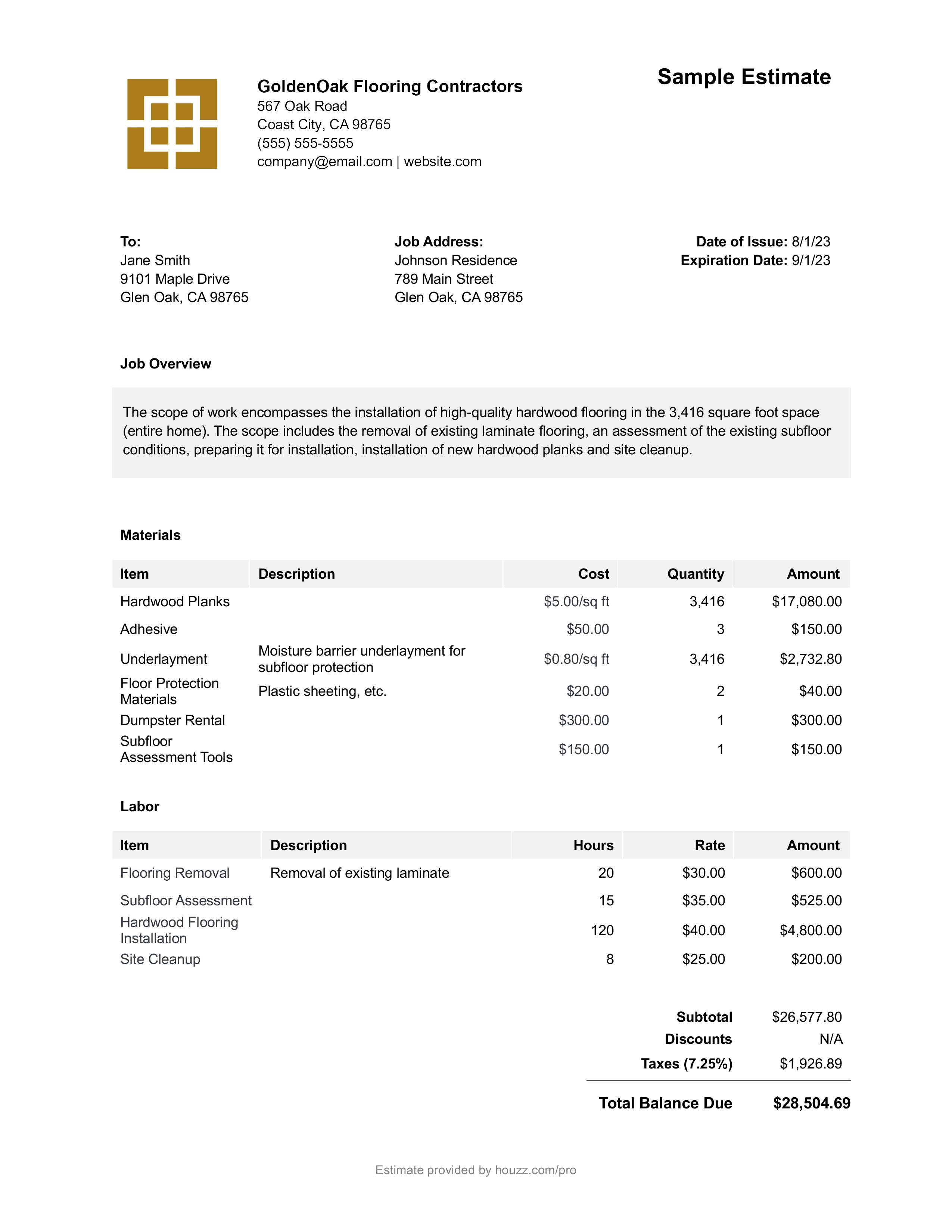 sample flooring estimate template