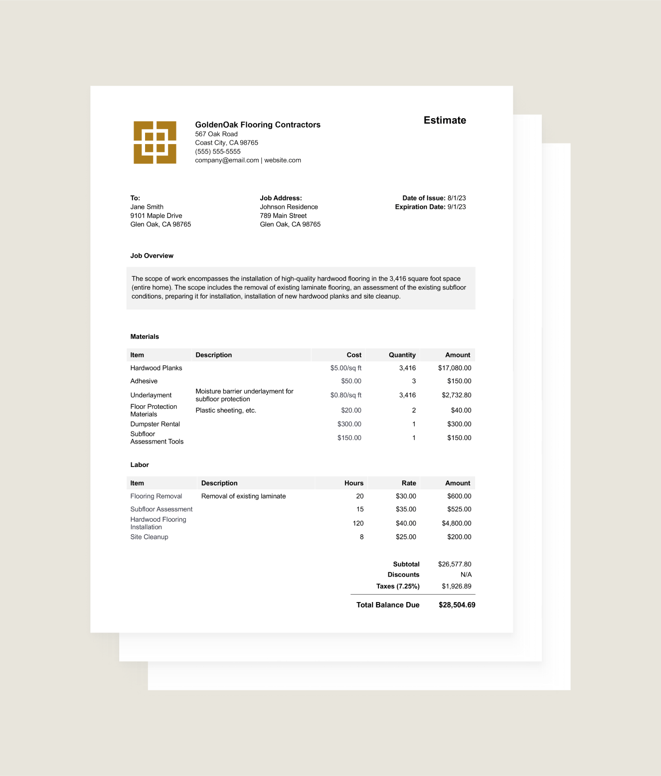 sample flooring estimate template