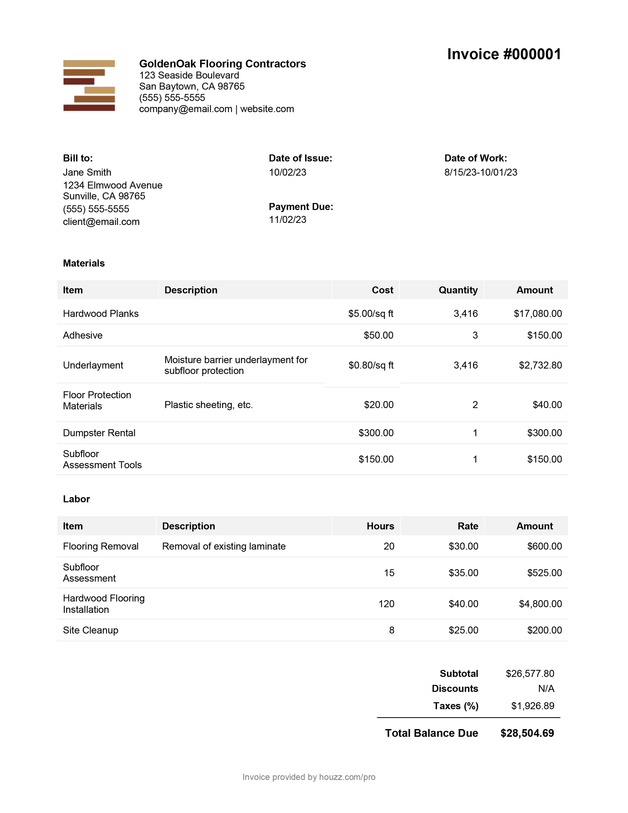 sample flooring installation invoice template