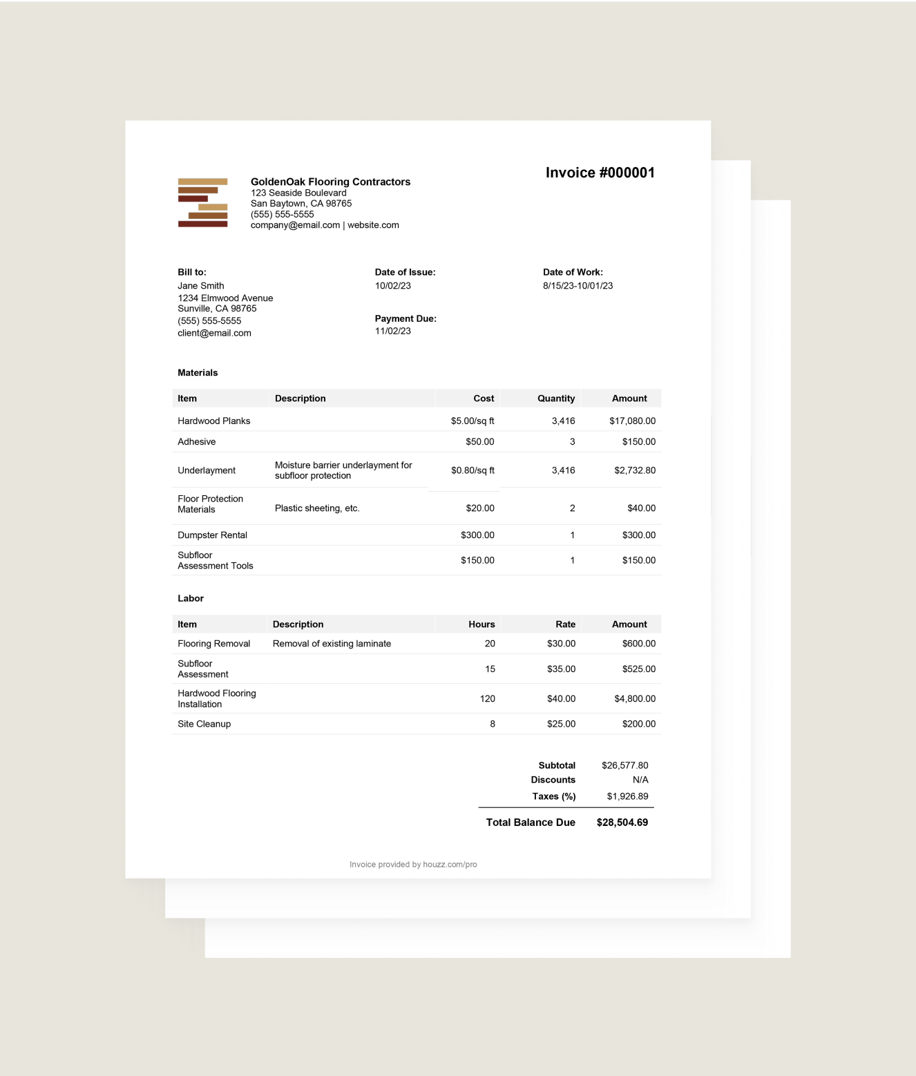 sample flooring installation invoice template