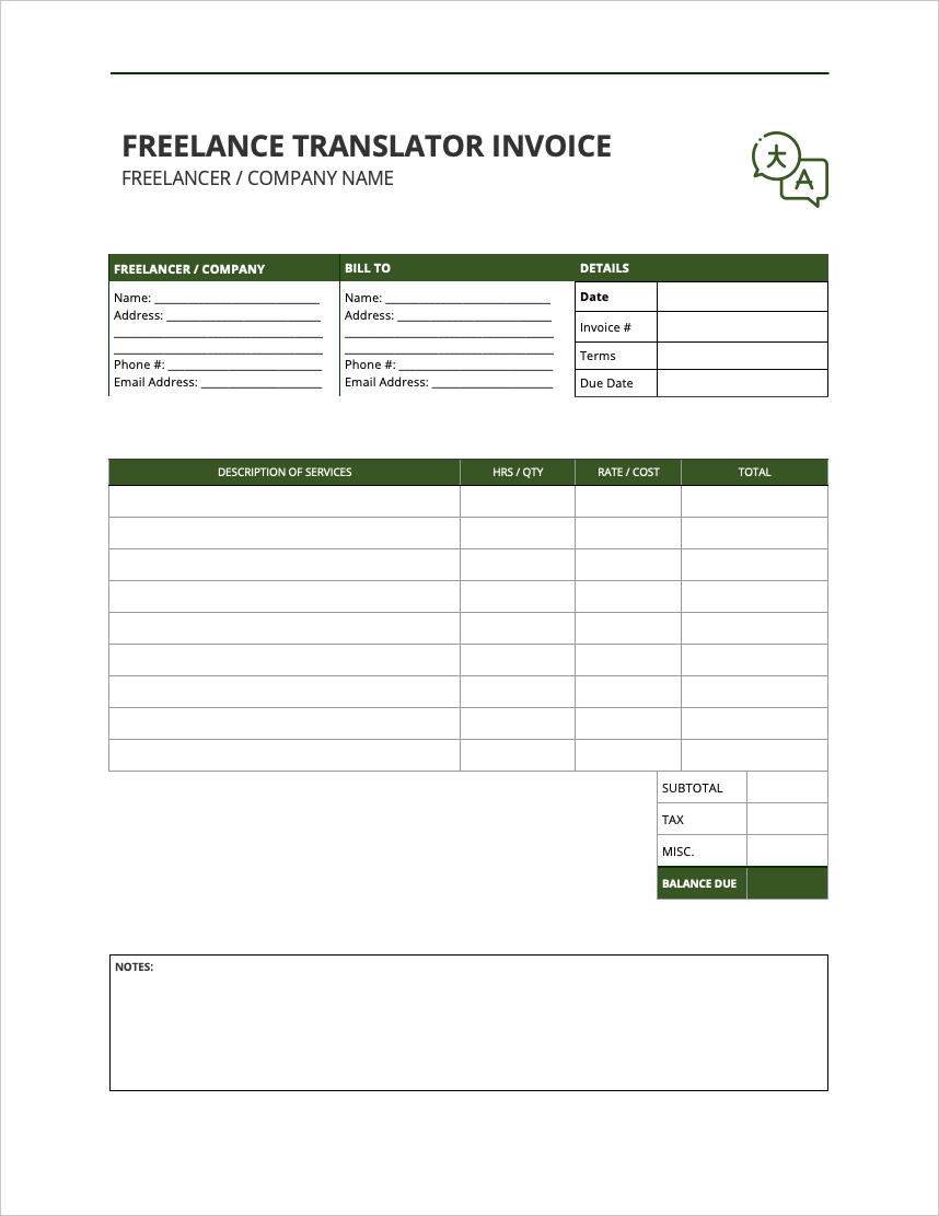 sample invoice for translation services template