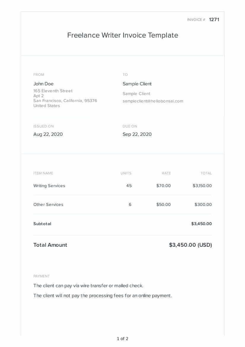 sample freelance writing invoice template