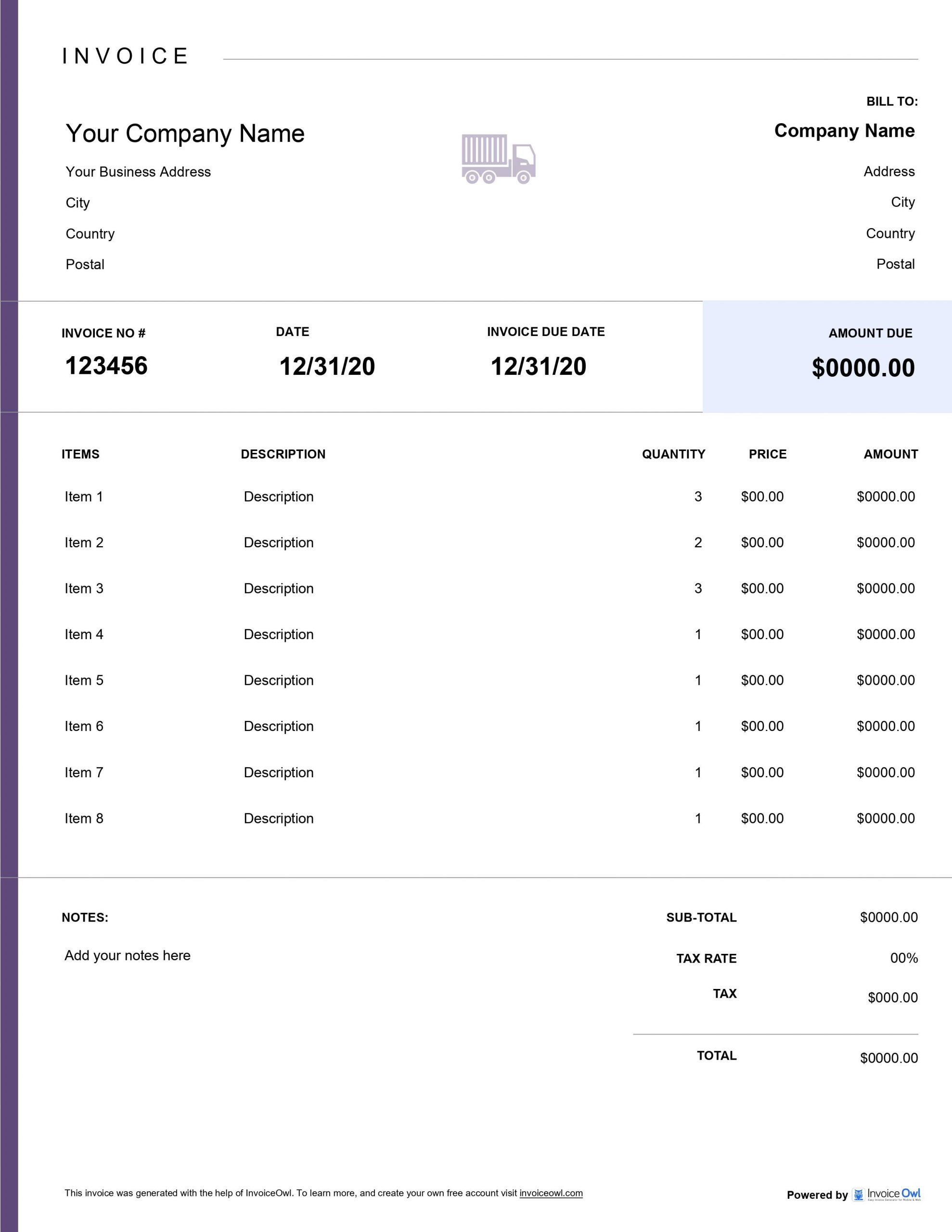 sample transport invoice template