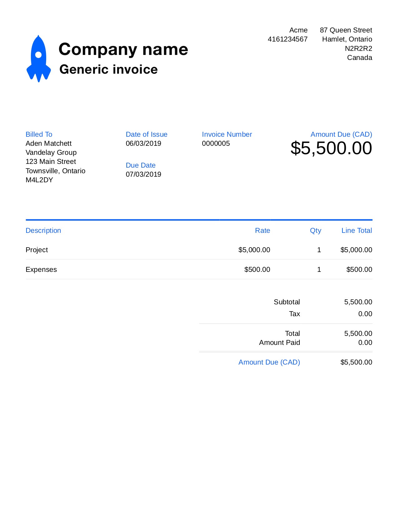 sample generic invoice template