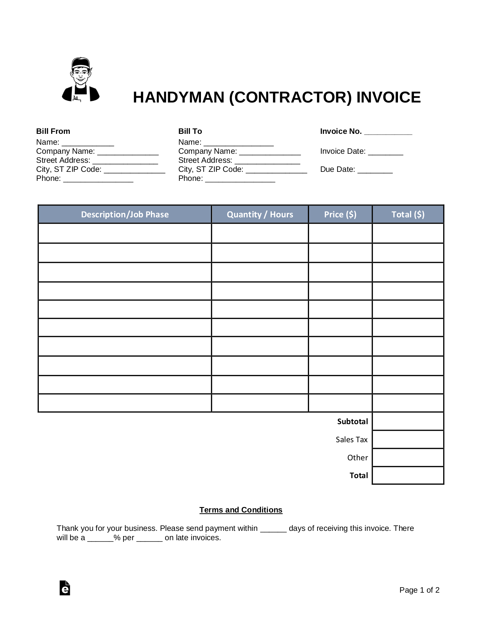 sample handyman service invoice template