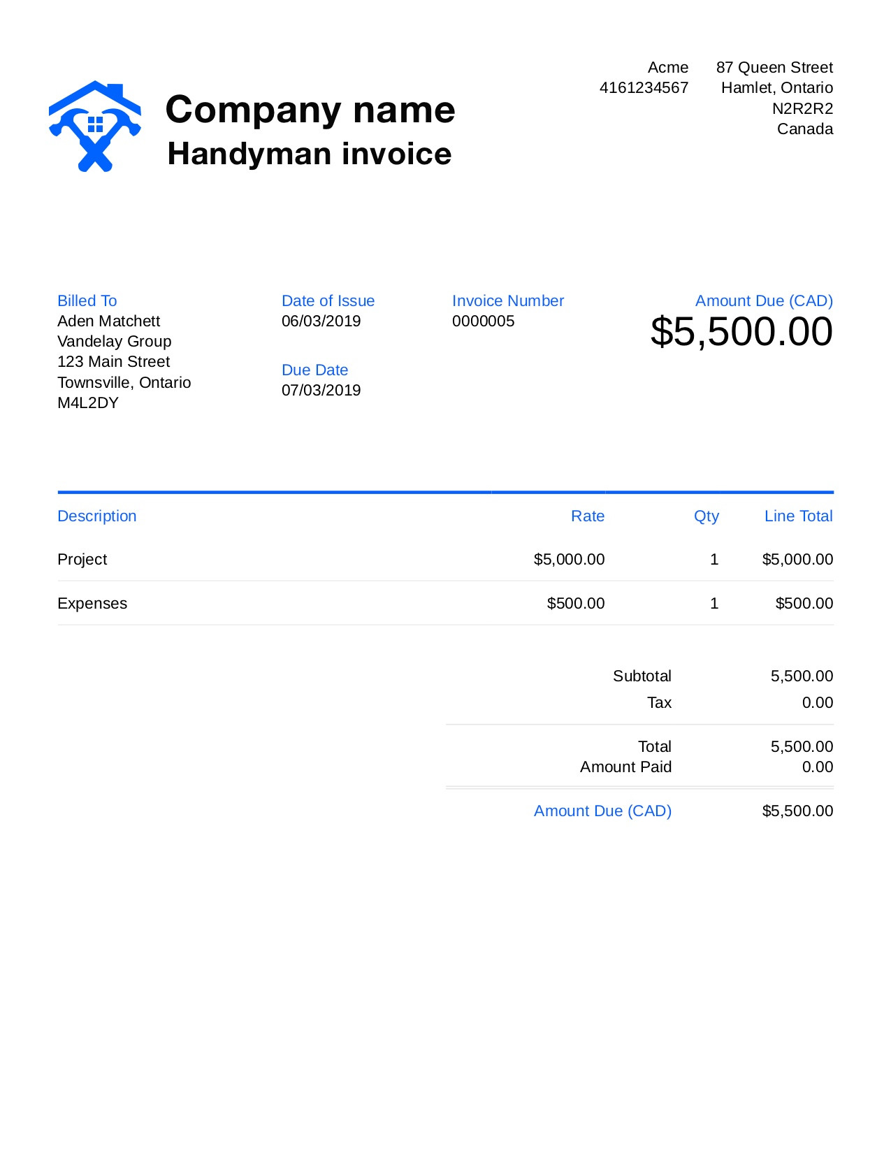 sample handyman service invoice template