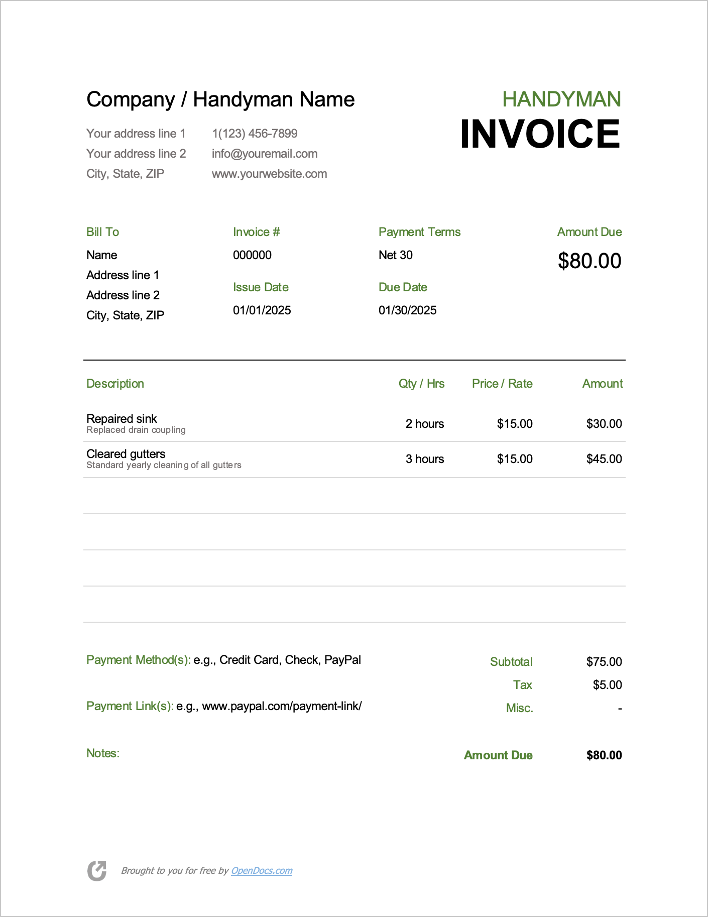 sample handyman service invoice template