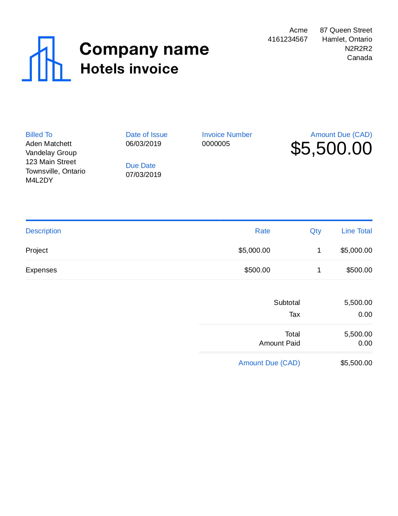 hotel invoice template