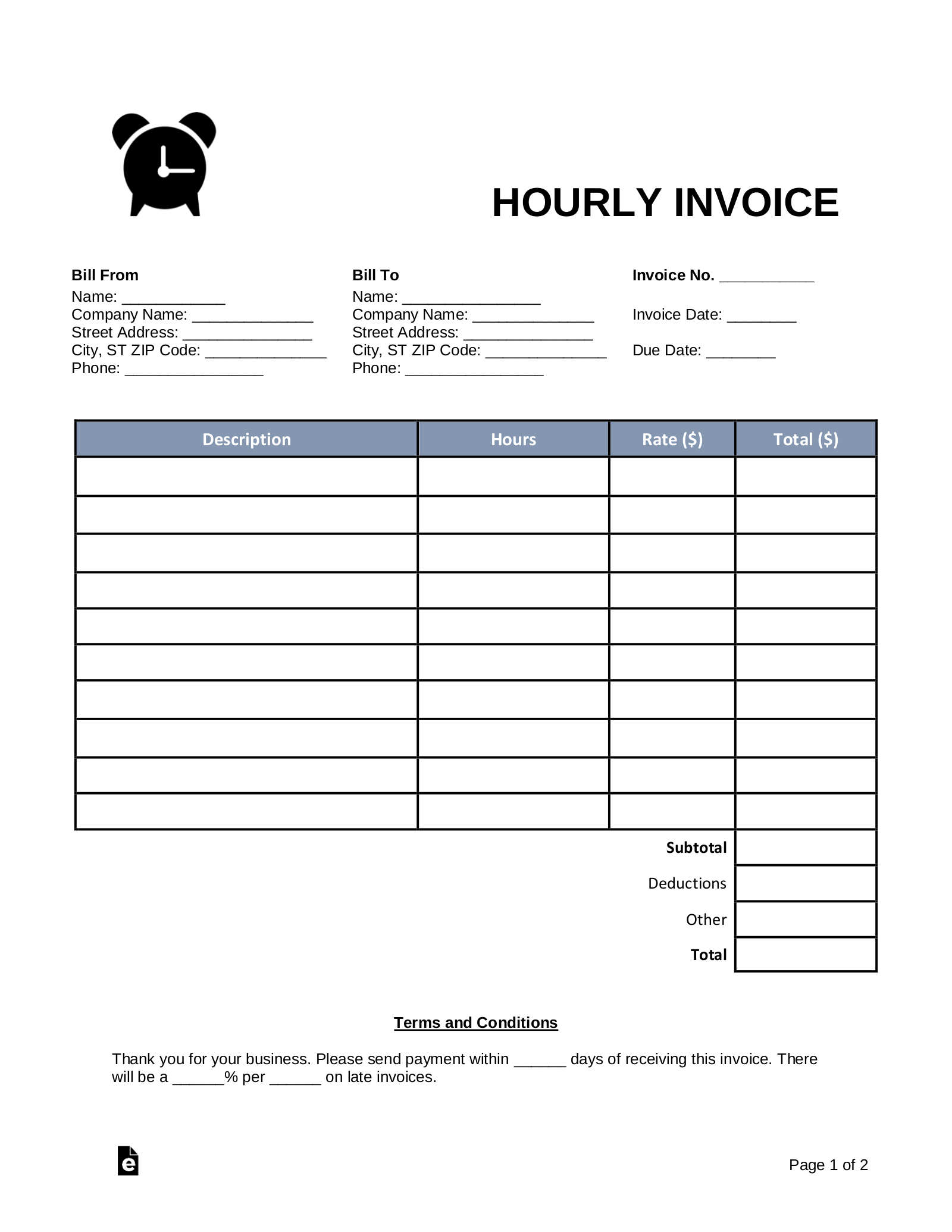 invoice for work hours template