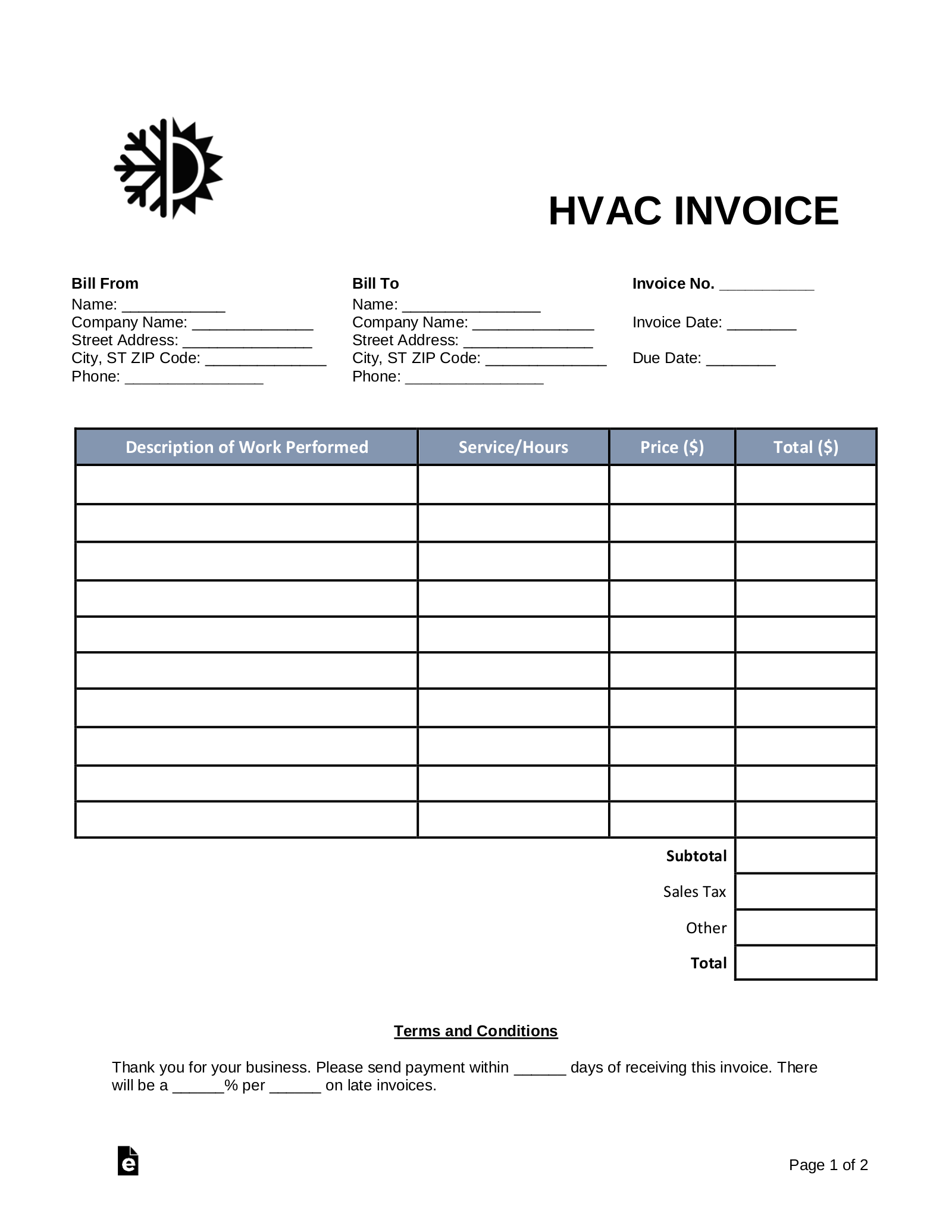 heating and cooling invoice template