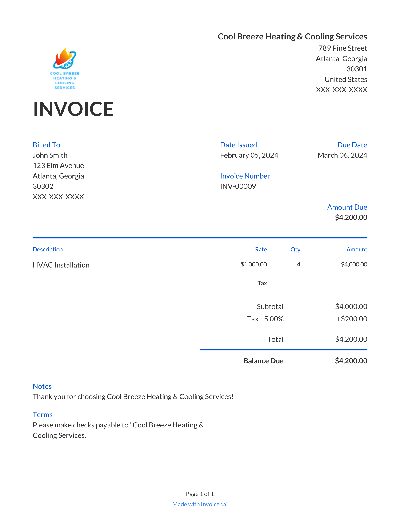 sample HVAC invoice template